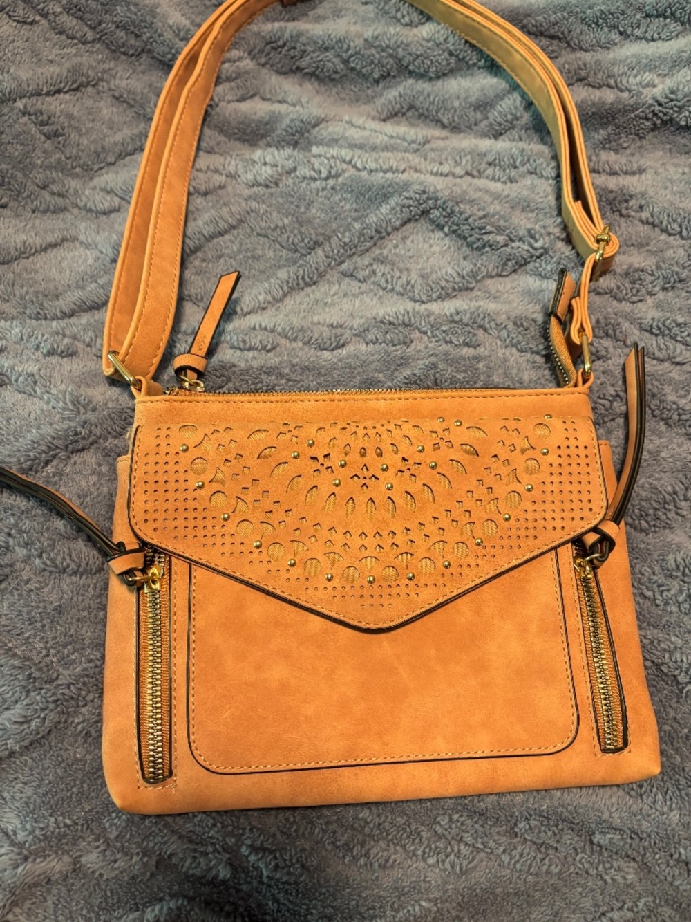 New! Maurices Crossbody Bag, Vegan Suede, Laser-Cut, Gold Beads & Zipper